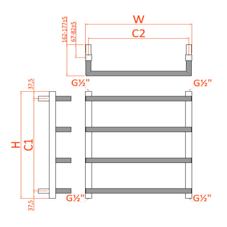 RND-GLR0875C Reina Glora 875 x 500mm Mild Steel Heated Towel Rail in Chrome Technical Drawing