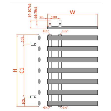 RND-GRC114B Reina Grace 1140 x 500mm Brushed Brass Vertical Designer Towel Radiator Technical Drawing