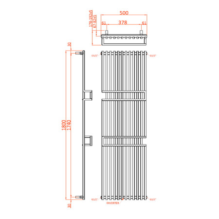 RND-GDE1850C Reina Grande Mild Steel 1800 x 500mm Vertical Radiator in Chrome Technical Drawing