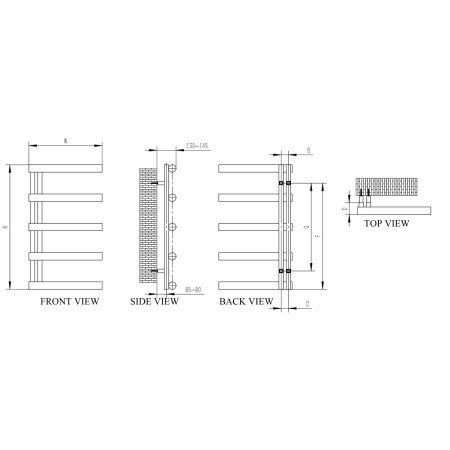 RNS-GRS1655P Reina Grosso 1650 x 500mm Polished Stainless Steel Towel Radiator Line Drawing