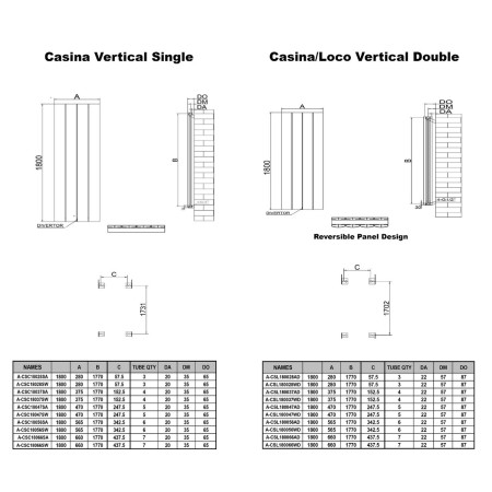 A-CSL180066WD Reina Loco 1800 x 660mm Vertical White Double Aluminium Radiator Line Drawing