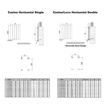 A-CSL060047AD Reina Loco 600 x 470mm Horizontal Anthracite Double Aluminium Radiator Line Drawing