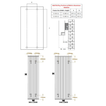 A-MVN18036S Reina Melvin 1800 x 360mm Silver Aluminium Vertical Radiator Line Drawing