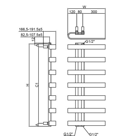 RND-PNO0805B Reina Panaro 800 x 500mm Brushed Brass Heated Towel Rail Technical Drawing