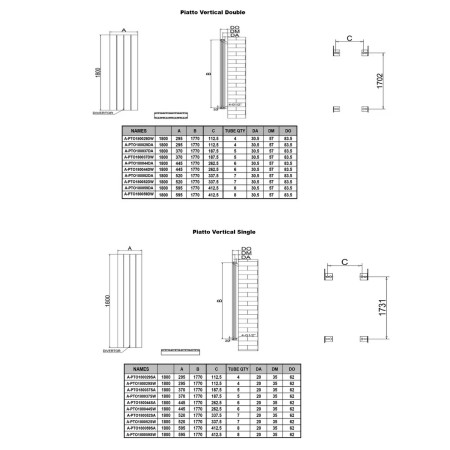 A-PTO180052DA Reina Piatto 1800 x 520mm Anthracite Vertical Aluminium Double Radiator Line Drawing