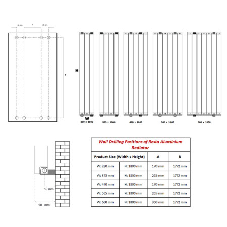 A-RSA180047W Reina Resia 1800 x 470mm White Vertical Aluminium Radiator Line Drawing