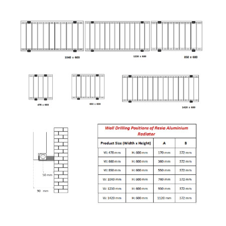 A-RSA060066W Reina Resia 600 x 660mm White Horizontal Aluminium Radiator Line Drawing