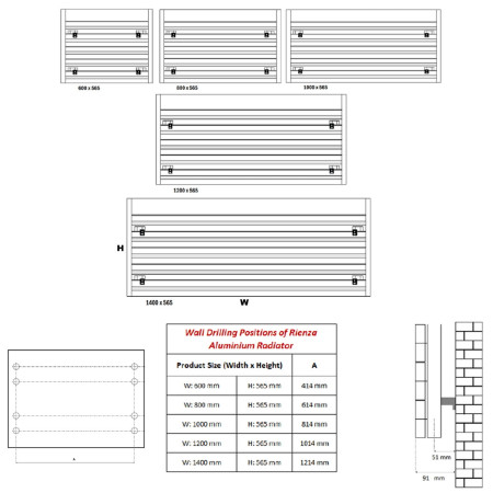 A-RNZ56080A Reina Rienza 565 x 800mm Anthracite Horizontal Aluminium Radiator Line Drawing
