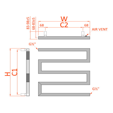 RND-SRP0755 Reina Serpe Mild Steel Designer Radiator 750 x 500mm in Chrome Technical Drawing