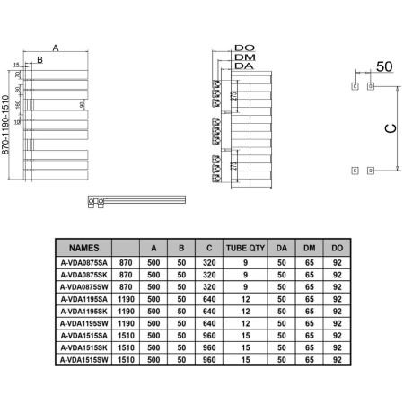 A-VDA0875SK Reina Vada 870 x 500mm Aluminium Heated Towel Rail in Black Line Drawing