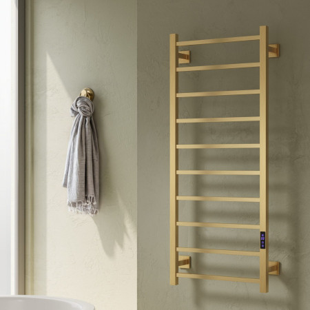 EVLN120B Reina Velino 1200 x 500mm Brushed Brass Vertical Electric Heated Towel Rail Lifestyle