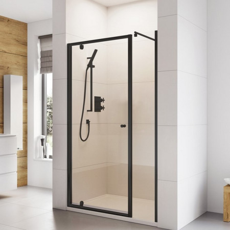 H3P8CB Roman Haven6 Black Frame 800mm Pivot Shower Door with Inline Panel
