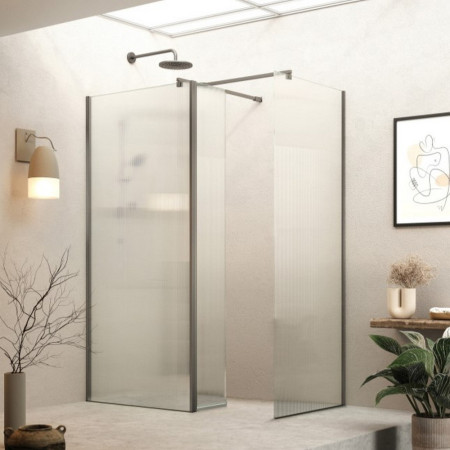 H8SP11FGM Roman Haven Select 1100mm Gunmetal Fluted Glass Wetroom Panel Floor - Tile Installation
