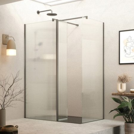 H8SP12FGM Roman Haven Select 1200mm Gunmetal Fluted Glass Wetroom Panel Tray Installation