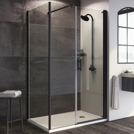 Roman Innov8 Matt Black 1400 x 800mm Corner Pivot Shower Door and Inline Panel