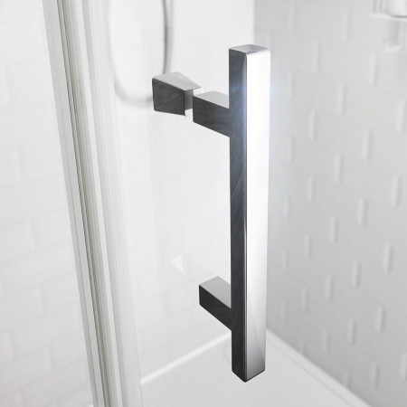 Roman Innov8 Chrome 1500mm Alcove Pivot Shower Door and Inline Panel Handle Close Up