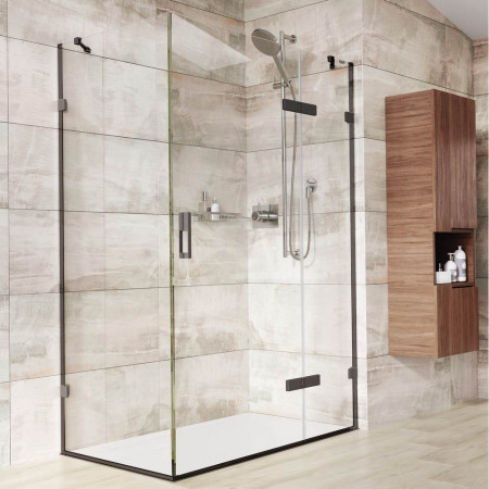 Roman Liberty 1000 x 760mm Hinged 10mm Shower Door with Inline and Side Panel with Black Hardware and White Tray