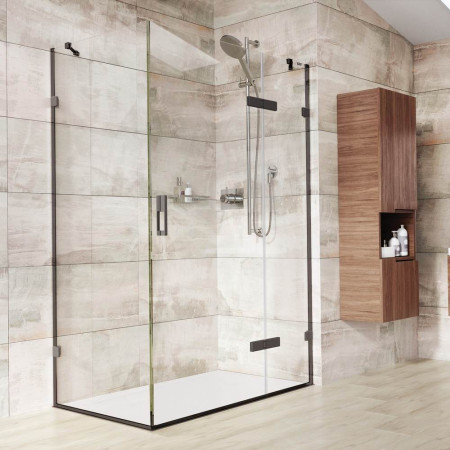 KL2HDR13B Roman Liberty 1000 x 760mm Hinged 8mm Shower Door with Inline and Side Panel with Black Hardware and White Tray