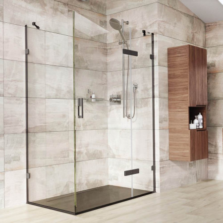 KL2HDR13B Roman Liberty 1000 x 760mm Hinged 8mm Shower Door with Inline and Side Panel with Black Hardware and Black Tray