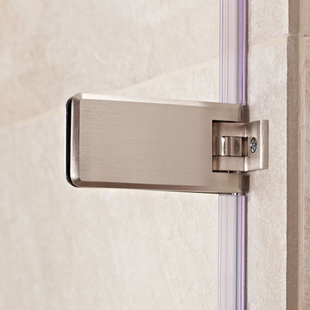 Roman Liberty 10mm Alcove 1400mm Hinged Shower Door with Two Inline Panels in Brushed Nickel Hinge Closeup