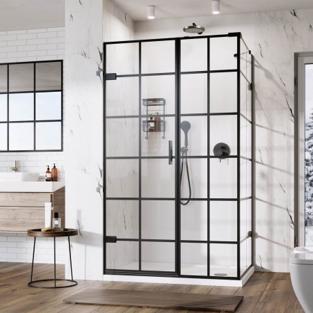 Roman Liberty 10mm Black Grid 1200 x 800mm Left Hand Corner Hinged Inline Door and Side Panel