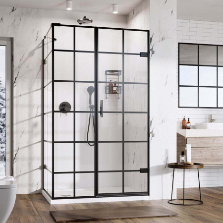Roman Liberty 10mm Black Grid 1400 x 800mm Right Hand Corner Hinged Inline Door and Side Panel