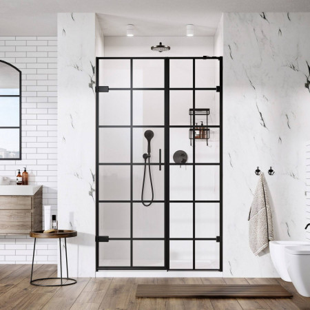 Roman Liberty 10mm Black Grid 800mm Left Hand Alcove Hinged Door and Inline Panel