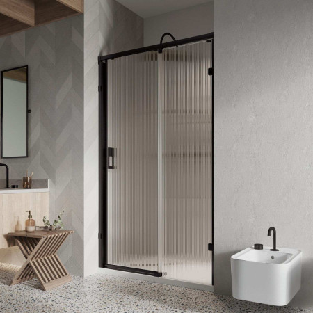 Roman Liberty 1200mm LH Fluted Glass Sliding Door for Alcove Fitting in Matt Black