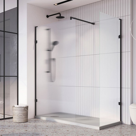 Roman Liberty 857mm 8mm Fluted Glass Wetroom Corner Panel in Matt Black with additional end panel