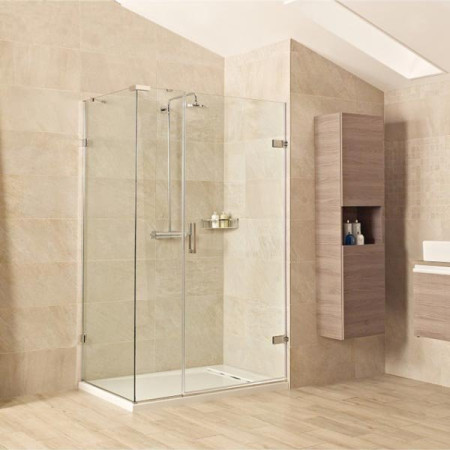 Roman Liberty Inward or Outward Opening Hinged Shower Door + Side & In-Line Panel - Corner/8mm/Brushed Nickel - 1400x800mm