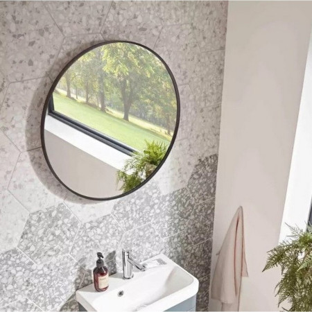 TNM60C Roper Rhodes Thesis 600mm Black Framed Rounded Bathroom Mirror Lifestyle