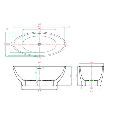 Royce Morgan Abbey 1675mm Contemporary Freestanding Bath Technical Drawing