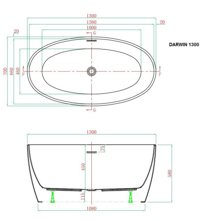 Royce Morgan Darwin 1300 Traditional Freestanding Bath Technical Drawing
