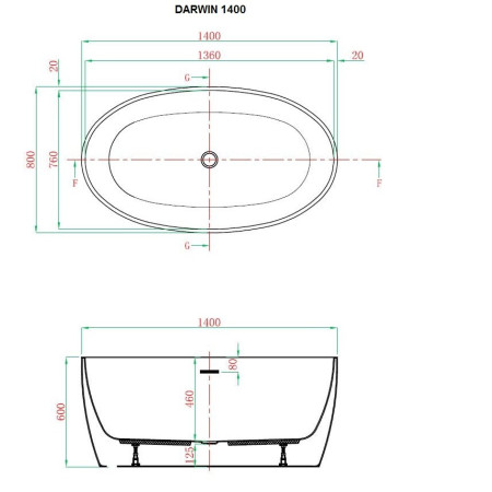 Royce Morgan Darwin 1400 Traditional Freestanding Bath Technical Drawing