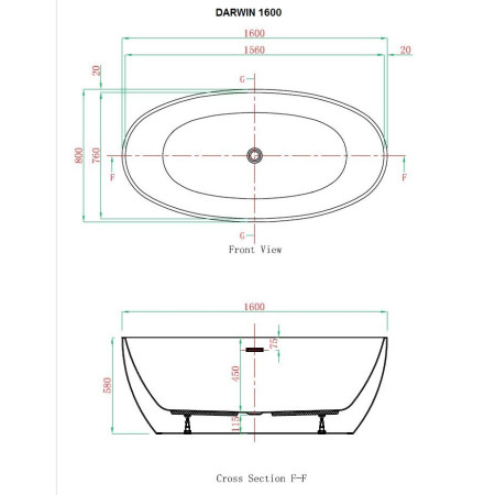 Royce Morgan Darwin 1600 Traditional Freestanding Bath Technical Drawing