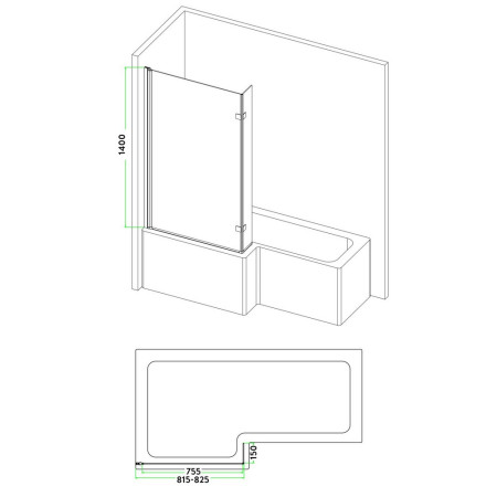 BLACKSCREEN003 Scudo 1400 x 830mm Black L Shaped Bath Screen Dimensions