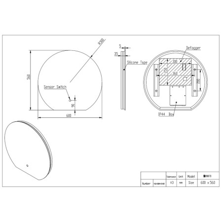 MIRROR024 Scudo Alba 600 x 560mm LED Bathroom Mirror Line Drawing