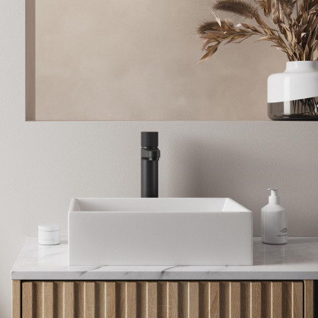 Scudo Alfie 1400mm Sonoma Oak Fluted Double Vanity Unit & Countertop Basins Lifestyle