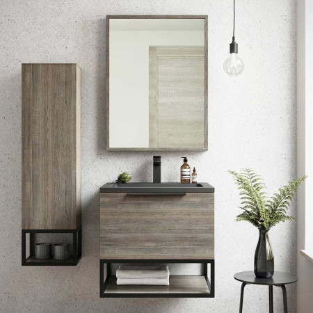 Scudo Ambience 600mm Wall Mounted LED Vanity Unit with Basin in Grey Oak