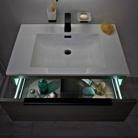 Scudo Ambience 600mm Wall Mounted LED Vanity Unit with Basin in Grey Oak Light Up Drawer