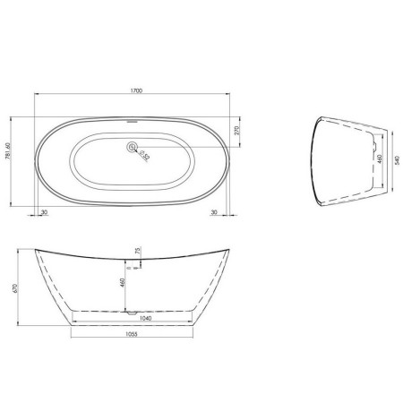 BATH-ARUBA Scudo Aruba 1700 x 800mm Freestanding Bath Line Drawing