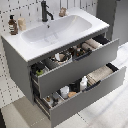 AUBREY-600-VANITY-GREY/BASIN004 Scudo Aubrey 600mm Wall Mounted Vanity Unit with Basin in Dust Grey Lifestyle