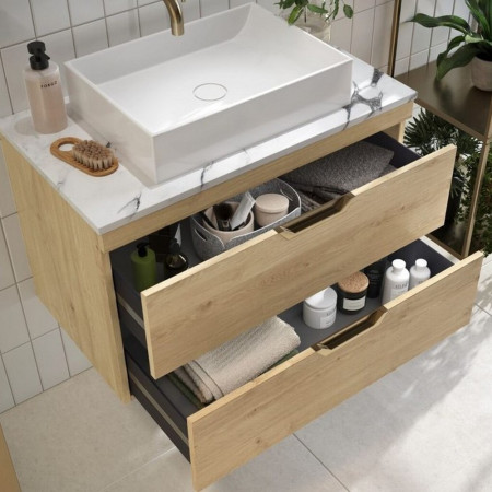 AUBREY-600-VANITY-OAK/WORKTOP-610X465-CARRARA Scudo Aubrey 600mm Wall Mounted Vanity Unit with Worktop in Davos Oak (3)