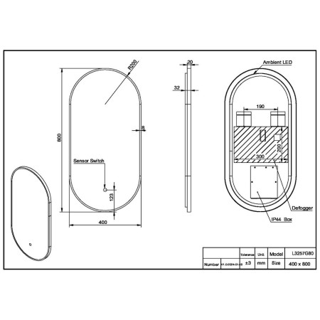 MIRROR019 Scudo Aubrey 800 x 400mm Matt Black LED Slim Mirror Line Drawing