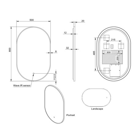 MIRROR013 Scudo Aubrey 800 x 500mm LED Mirror in Gunmetal Line Drawing