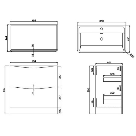BELLA-800FLOORCAB-MATTGREY Scudo Bella 800mm Floorstanding Vanity Unit with Basin in Matt Grey Dimensions
