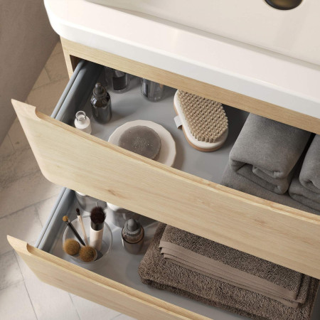 BELLA-800WALLCAB-DAVOS Scudo Bella 800mm Wall Hung Vanity Unit with Basin in Davos Oak Drawer Close Up