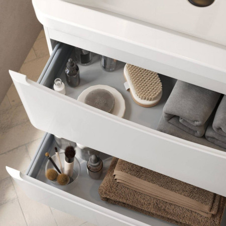 BELLA-800WALLCAB-GWTE Scudo Bella 800mm Wall Hung Vanity Unit with Basin in Gloss White Drawers Close Up