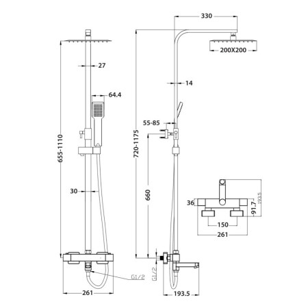 SHOWER012S Scudo Block Square Rigid Riser Shower with Bath Filler Line Drawing