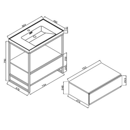 Scudo Boho Floorstanding 800mm Basin with Drawer and Frame Line Drawing